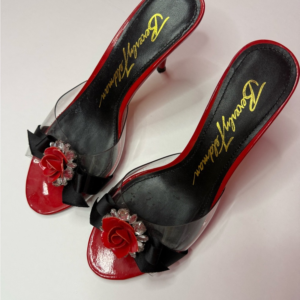 Beverly Feldman Red and Black Heels with Rose Detail